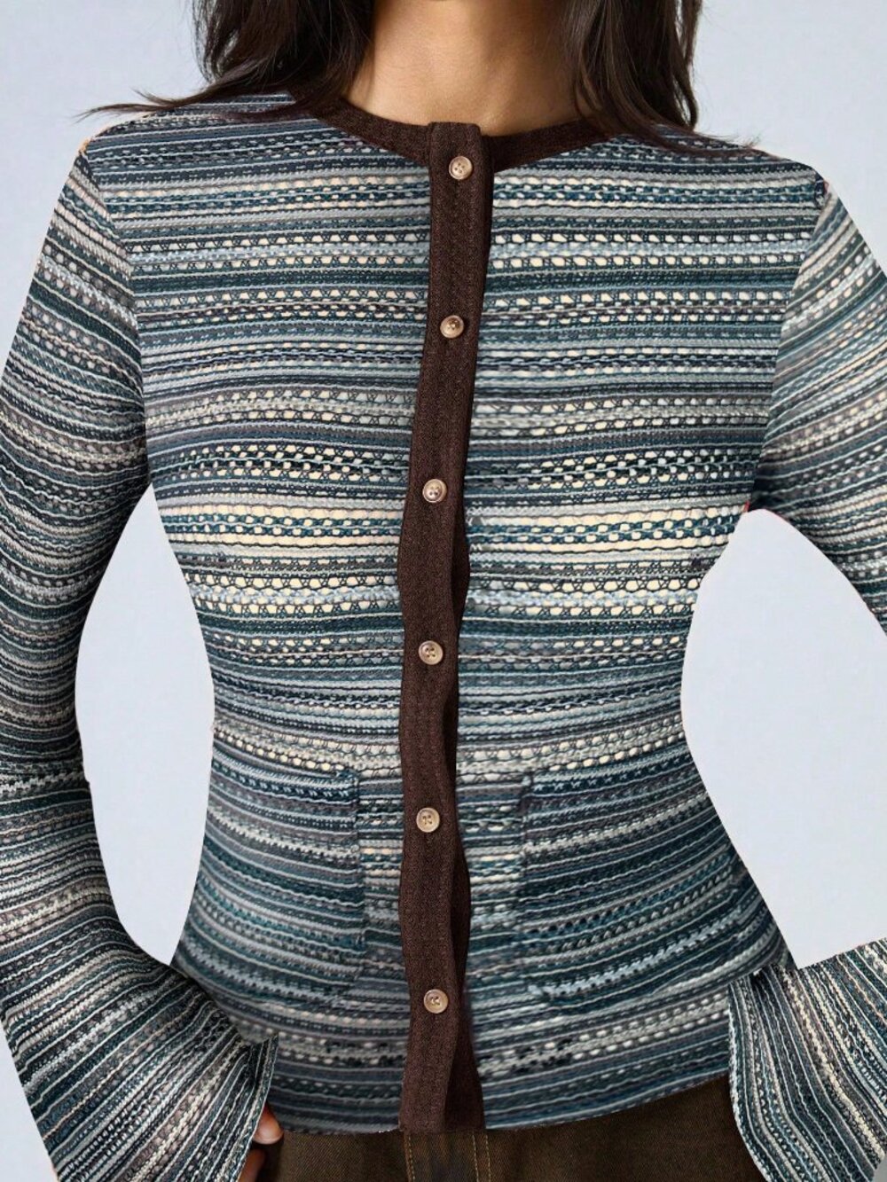 Multicolor Casual Women's Rib-Knit Button Front Round Neck T-Shirt - Picture 5 of 6